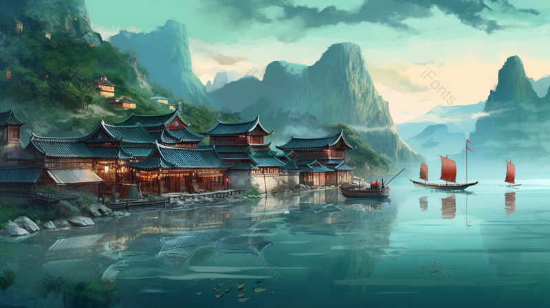 国潮风黄鹤楼地标建筑山水插画背景,插画/手绘图,插画/手绘图库,插画/手绘图下载,插画/手绘